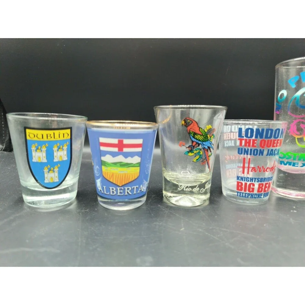 Lot of 7 Country Souvenir Shot Glasses Mexico England Dublin Canada Brazil Scotl